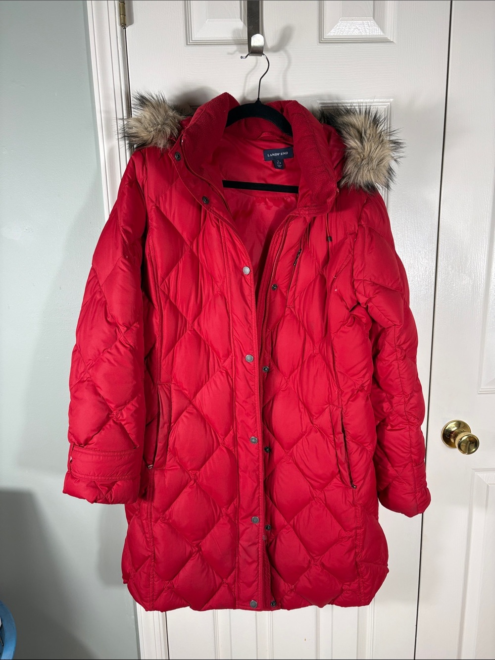 Lands' End Women's Red Quilted Down Puffer Coat with Faux Fur Hood